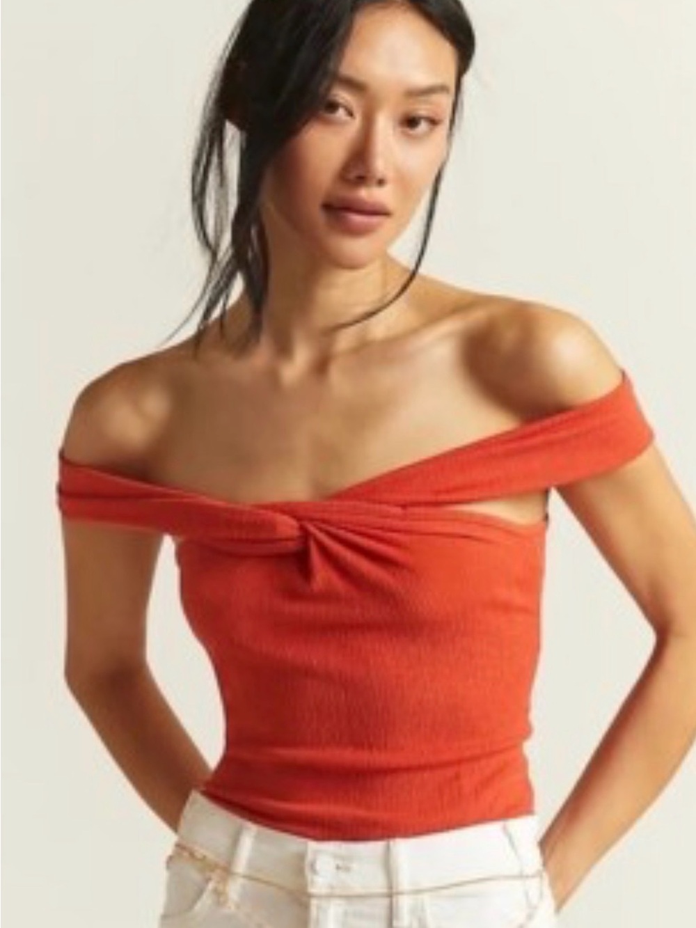 Off-Shoulder Knot Front Ribbed Top in Coral